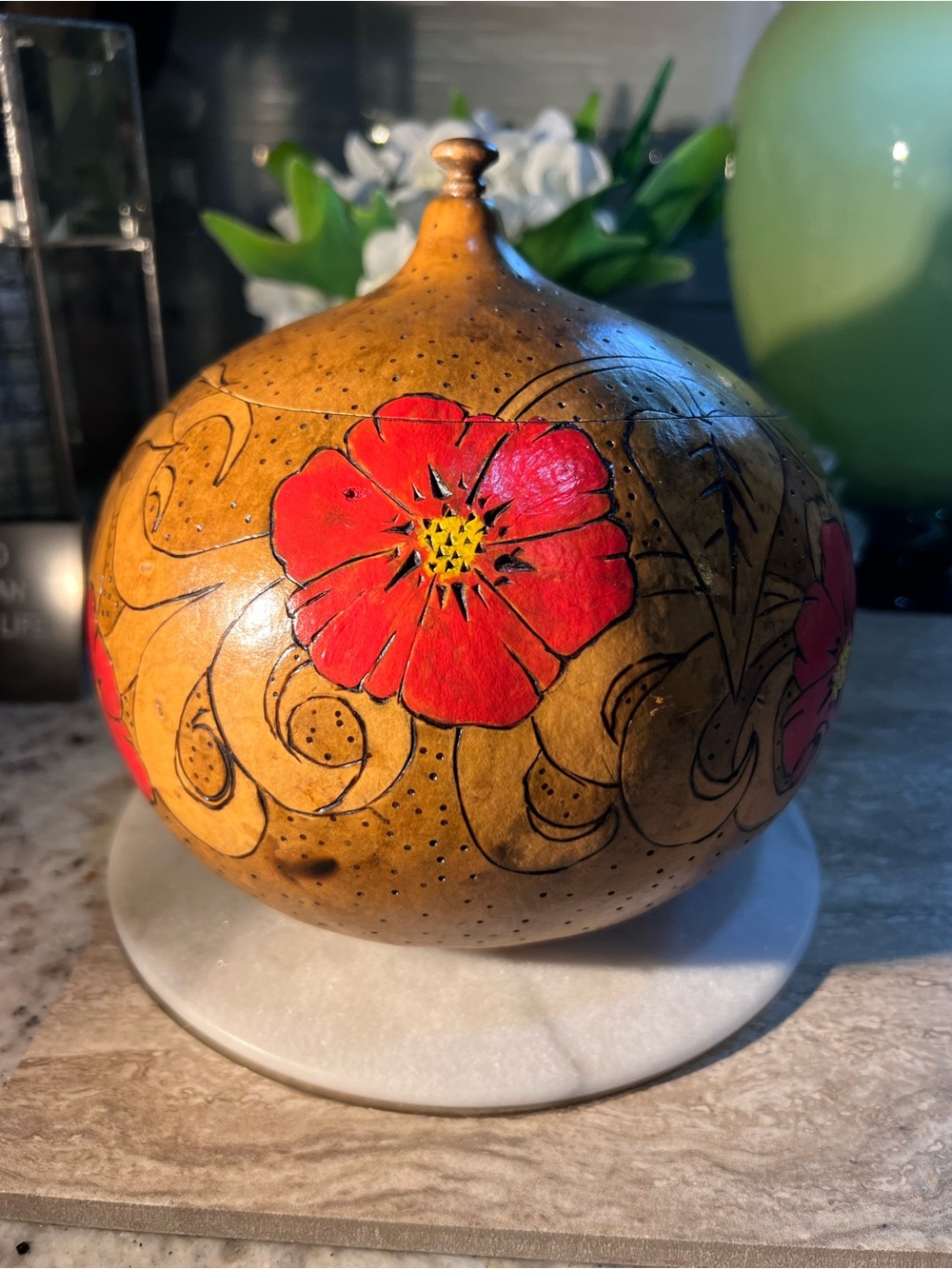 Gorgeous Hand-Painted Art Gourd Accent Container like new! Signed!